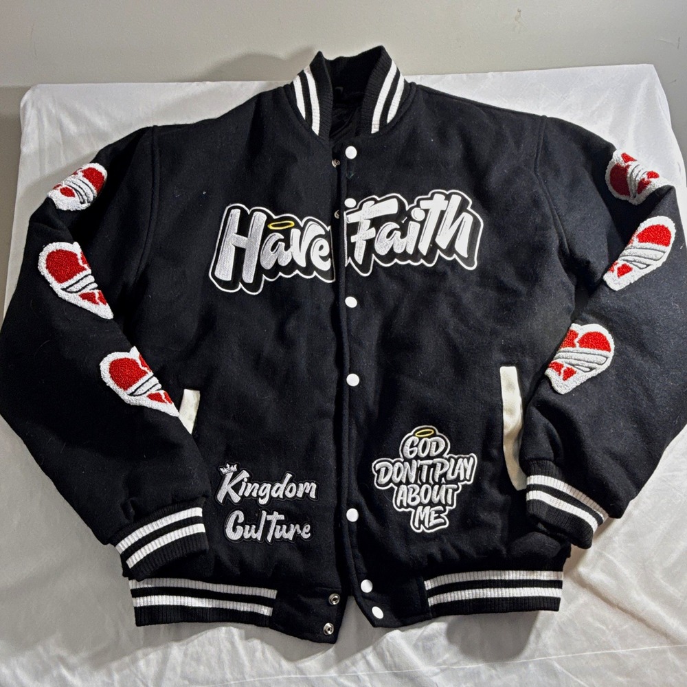 Have Faith Men’s XL Black/White Varsity Jacket Embroidered Logo Snap Quilted